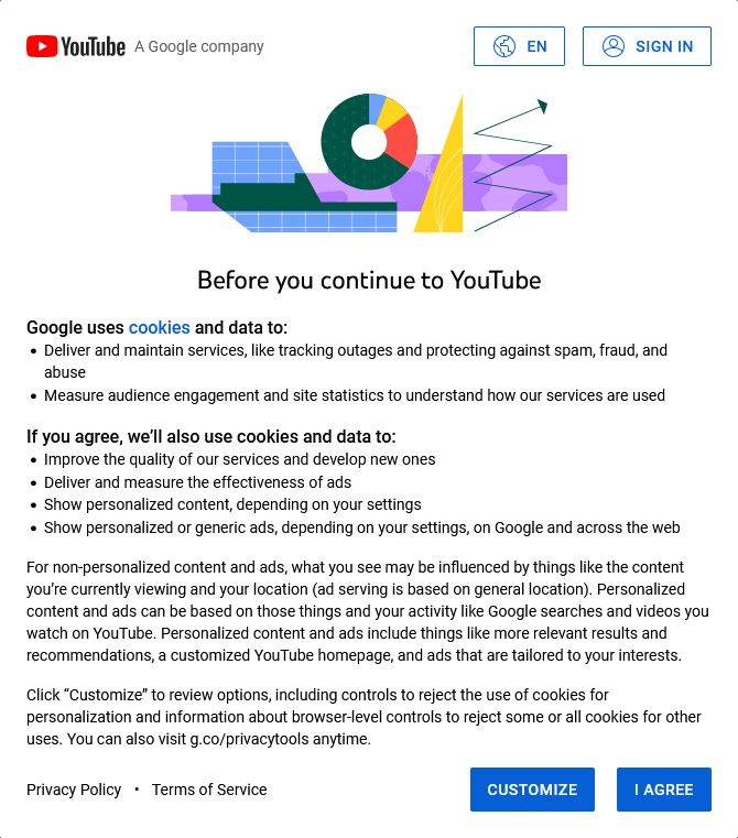 YouTube's old cookie banner with no reject option